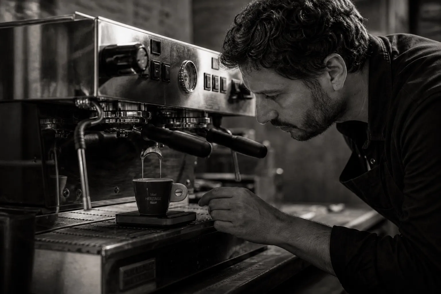Portrait en noir et blanc d'un barista expert au travail, intérieur de coffee shop soigné