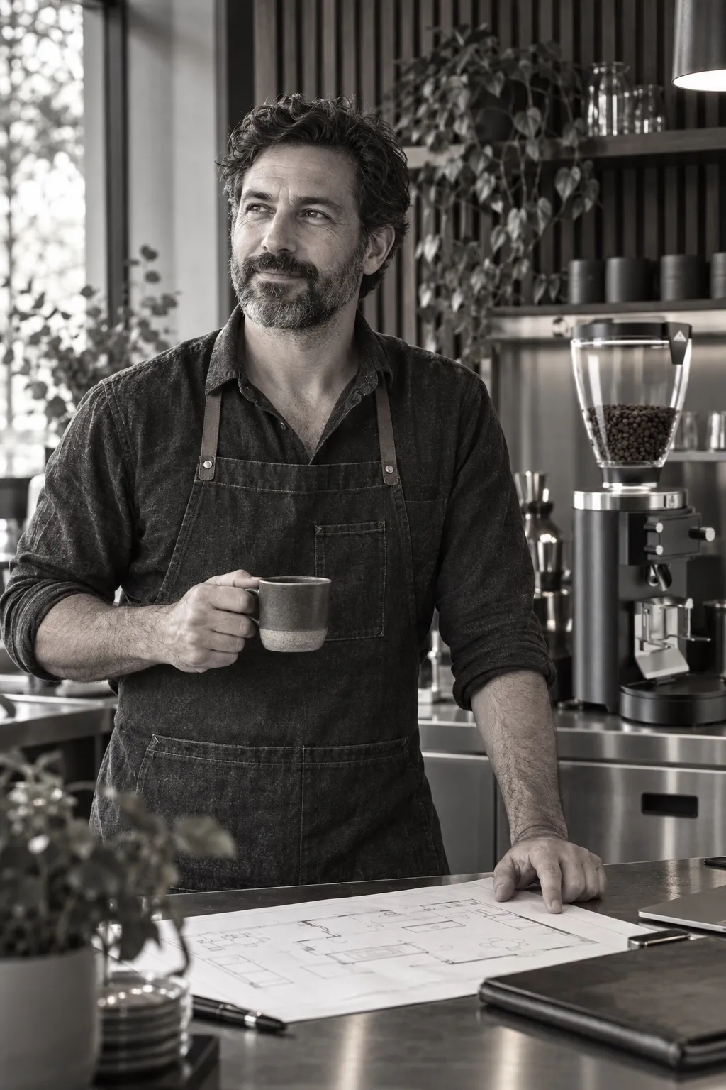 Portrait en noir et blanc d'un entrepreneur dans son coffee shop, intérieur élégant