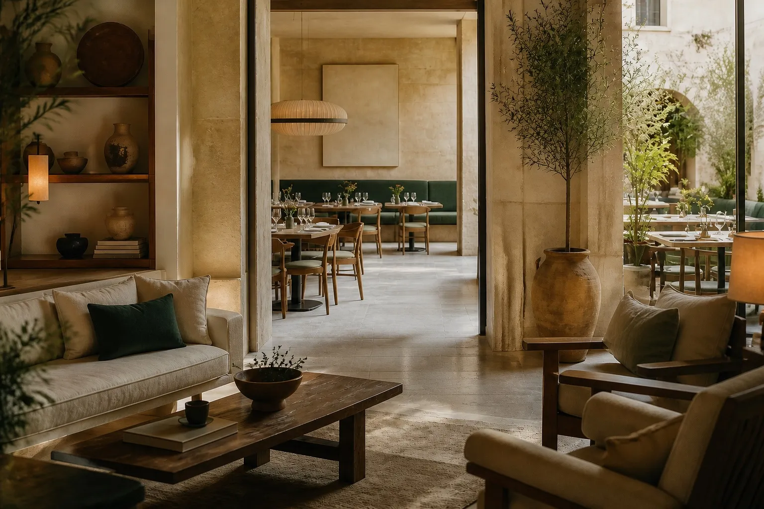 Lounge d'une maison hôtelière ouvert sur une salle de restaurant et un patio