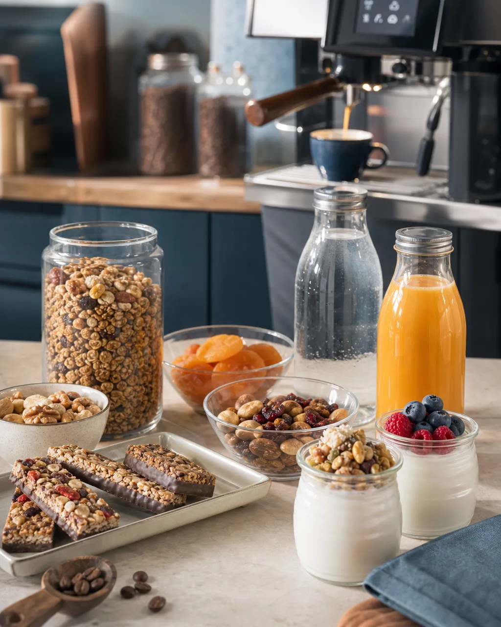 Gamme Green Break : sélection de produits sains proposés en distribution — granolas, fruits secs, yaourts, boissons sans sucre ajouté