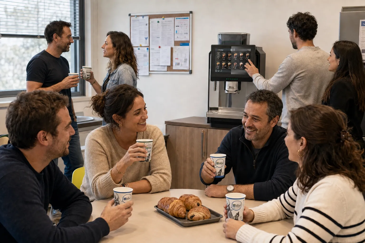 Conseiller Bibal faisant goûter un expresso à des salariés en tenue de travail dans leur salle de pause, devant le distributeur Smart Vending