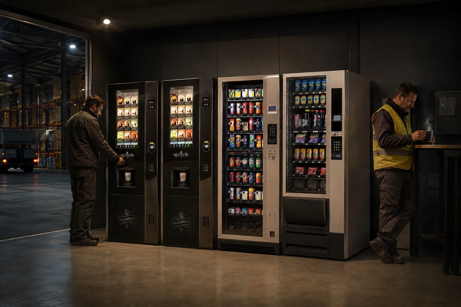 Équipe de nuit en pause devant le distributeur automatique éclairé, site logistique
