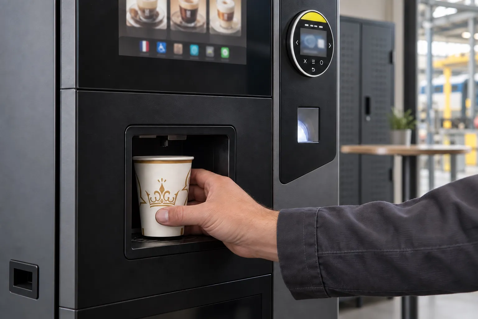 Salarié réglant son café sur l'écran d'un distributeur automatique Bibal