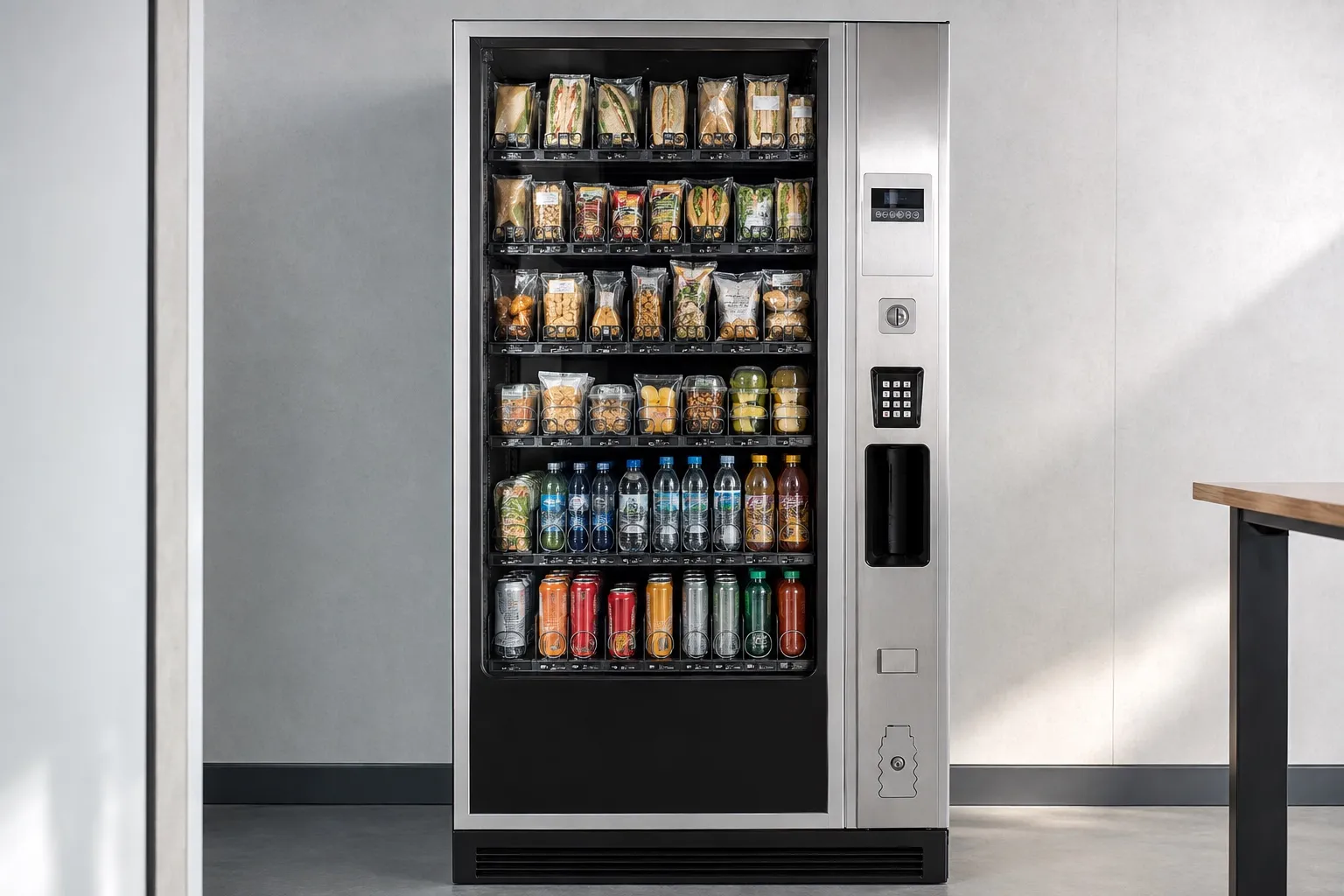 Façade du distributeur automatique avec sandwichs, snacking et boissons fraîches