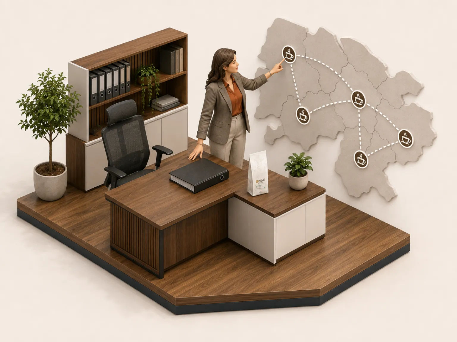 Illustration 3D isométrique : une acheteuse devant la carte de ses sites reliés au même contrat-cadre Bibal