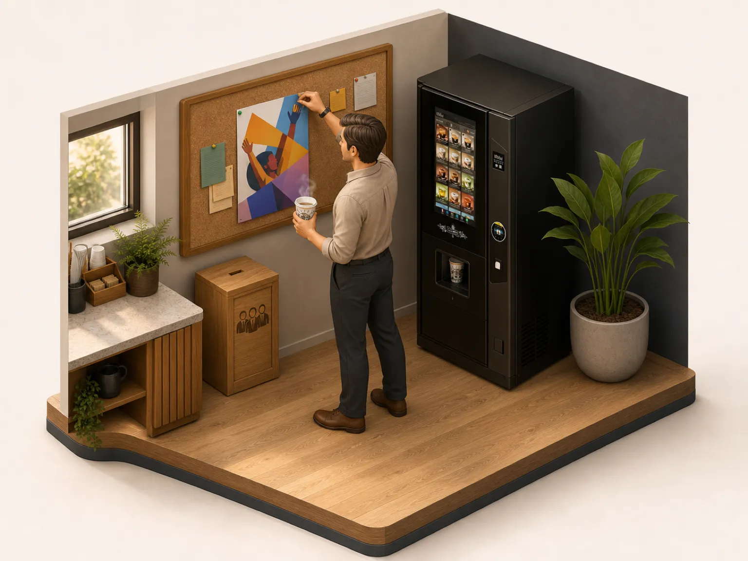 Illustration 3D isométrique : un élu CSE dans la salle de pause, gobelet à la main, devant le panneau d'affichage des événements d'équipe