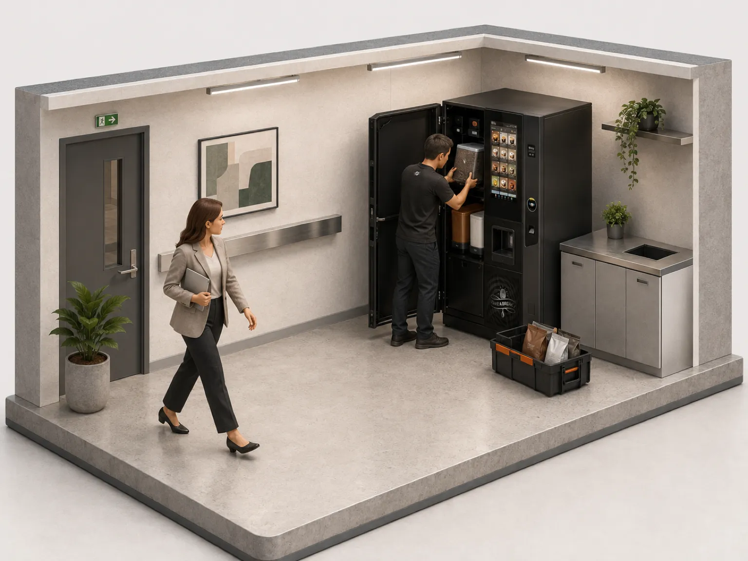 Illustration 3D isométrique : le responsable des services généraux valide sur sa tablette pendant qu'un technicien Bibal réassortit la machine