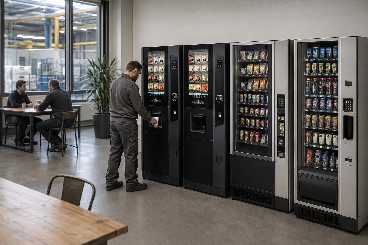 Distributeur Smart Vending en salle de pause d'usine, salariés en tenue se servant un café