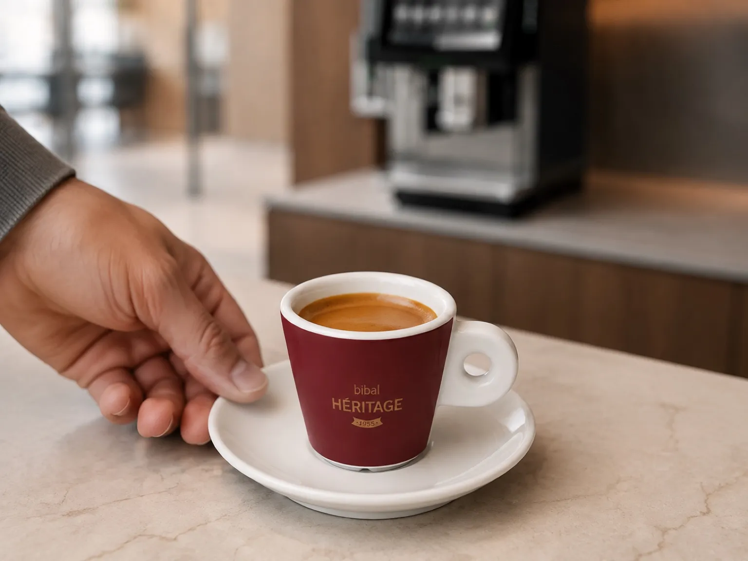 Expresso en tasse Bibal Héritage, à la crema noisette tigrée, dans l'espace café d'un siège social