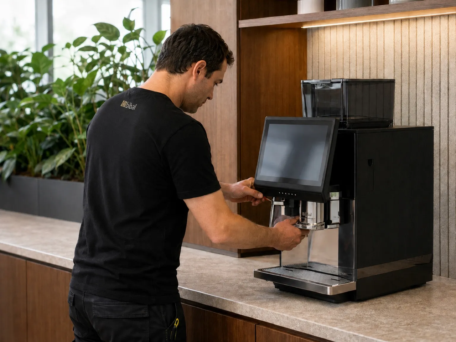 Technicien Bibal entretenant une machine Astra dans l'espace café d'un siège social
