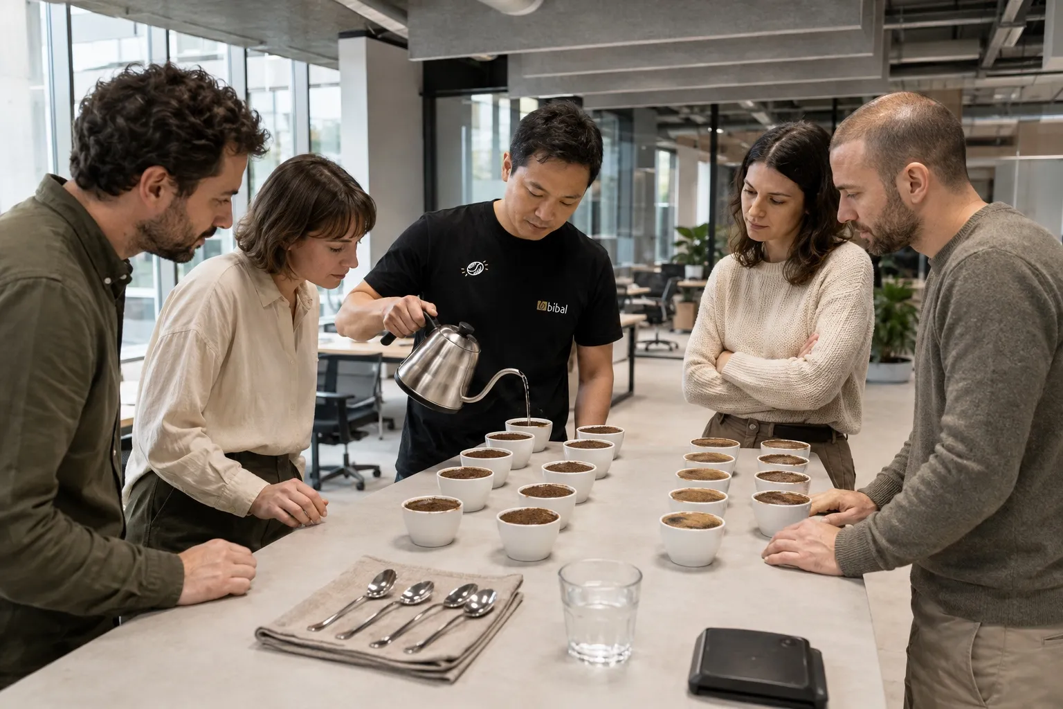Animateur Bibal guidant une dégustation de cafés avec quatre collaborateurs dans leurs bureaux