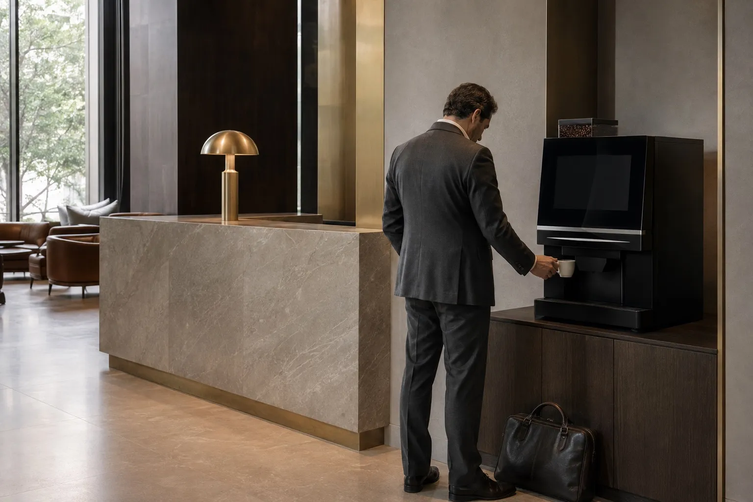 Visiteur utilisant une machine Rodha Lounge dans un accueil d'entreprise haut de gamme