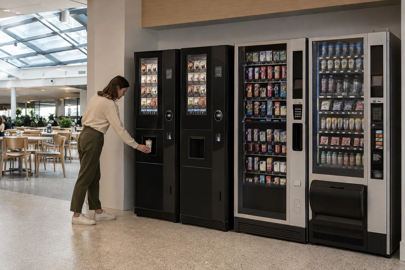 Espace Smart Vending complet dans le réfectoire contemporain d'un siège social