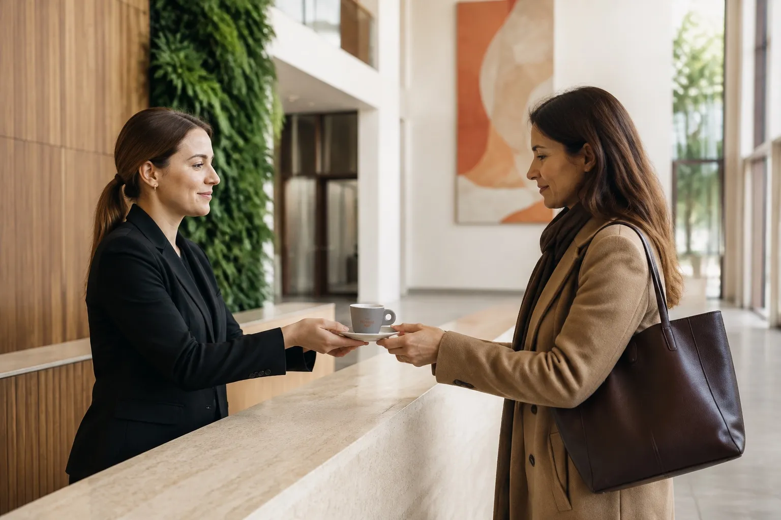 Une hôtesse accueille une visiteuse avec un café dans le hall d'un siège social