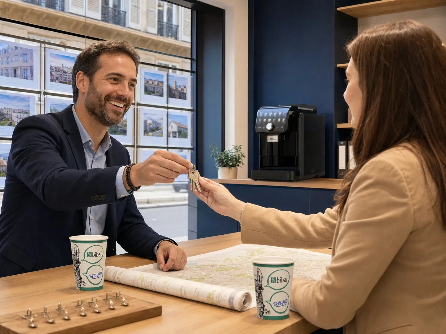 Remise de clés dans une agence immobilière équipée d'une Parvus et de gobelets Bibal Bernard