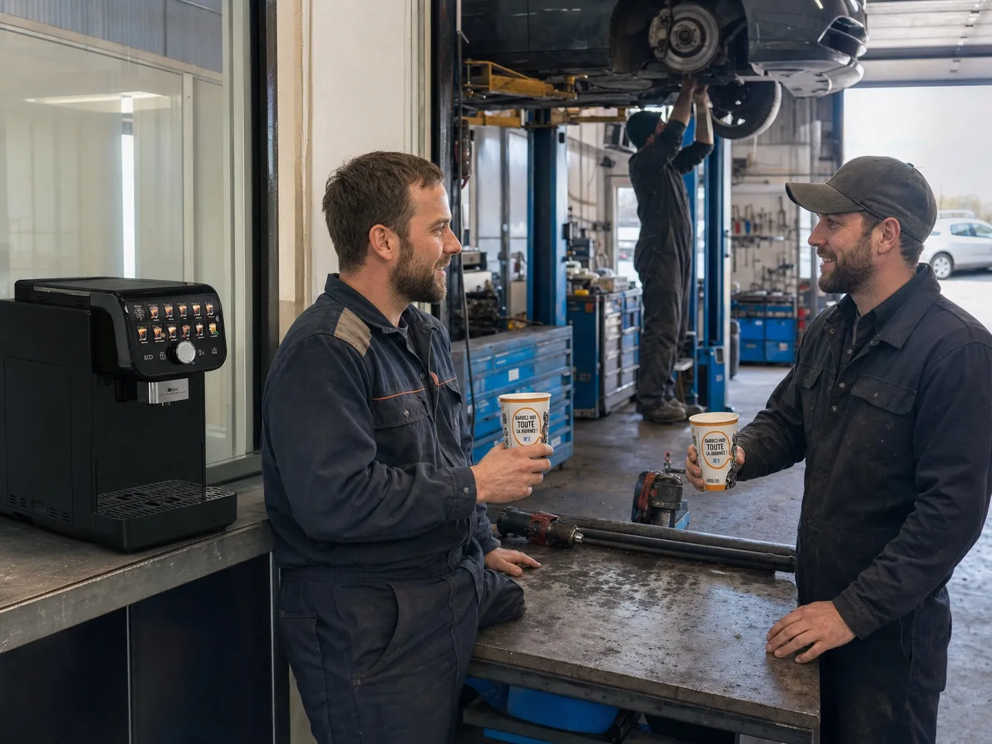 Pause café dans un garage équipé d'une Parvus, avec gobelets Bibal Didier
