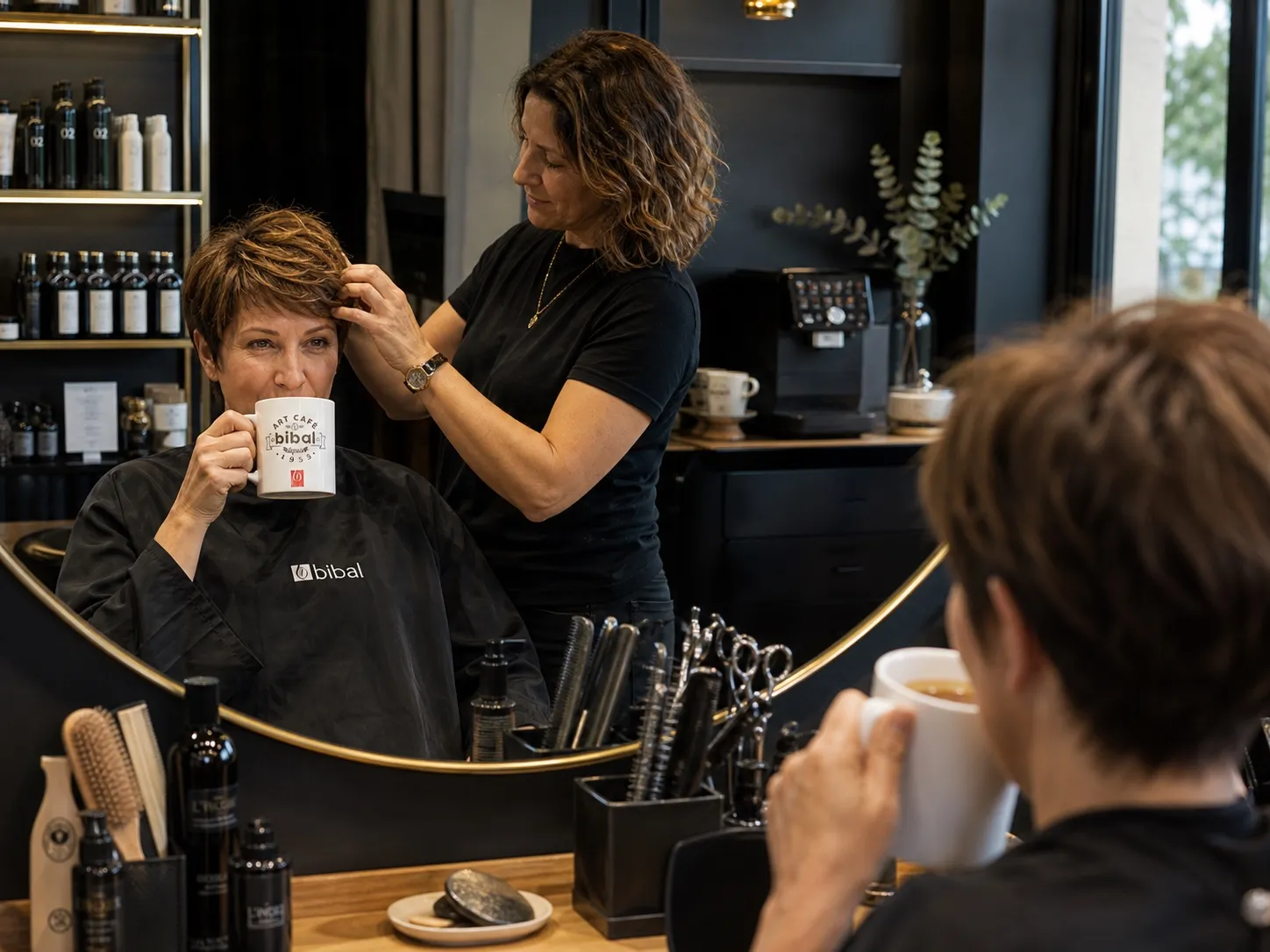 Une cliente savoure son mug Bibal pendant sa coupe, la Parvus visible dans le salon