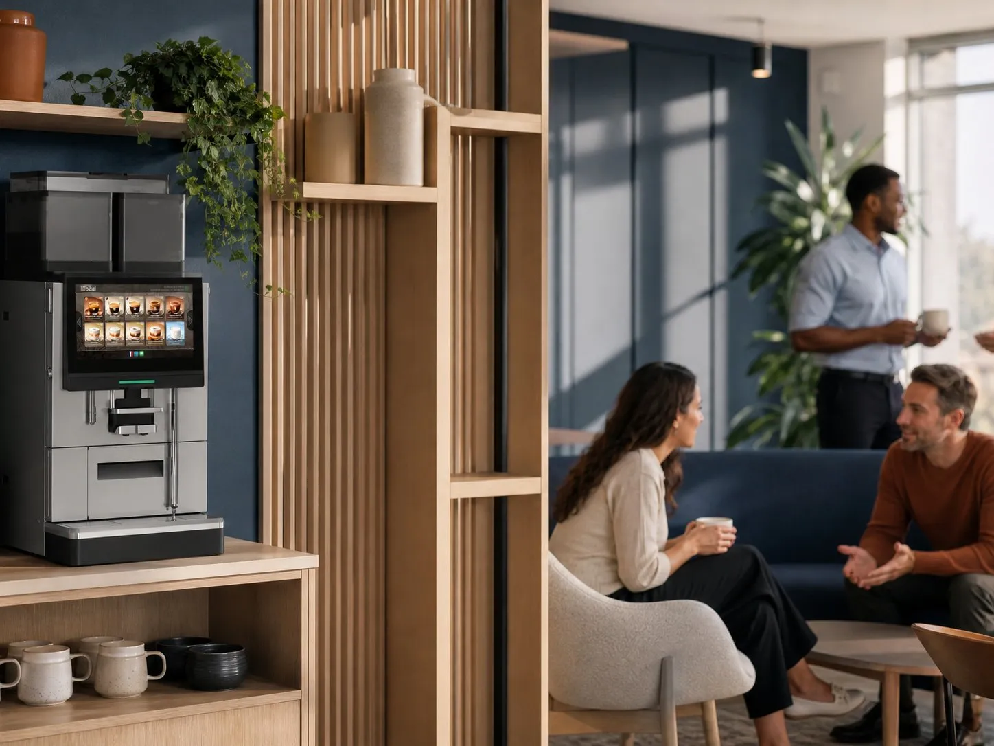 Coffee Lounge dans un petit bureau design : machine Astra et porte-gobelets installés sur un meuble café