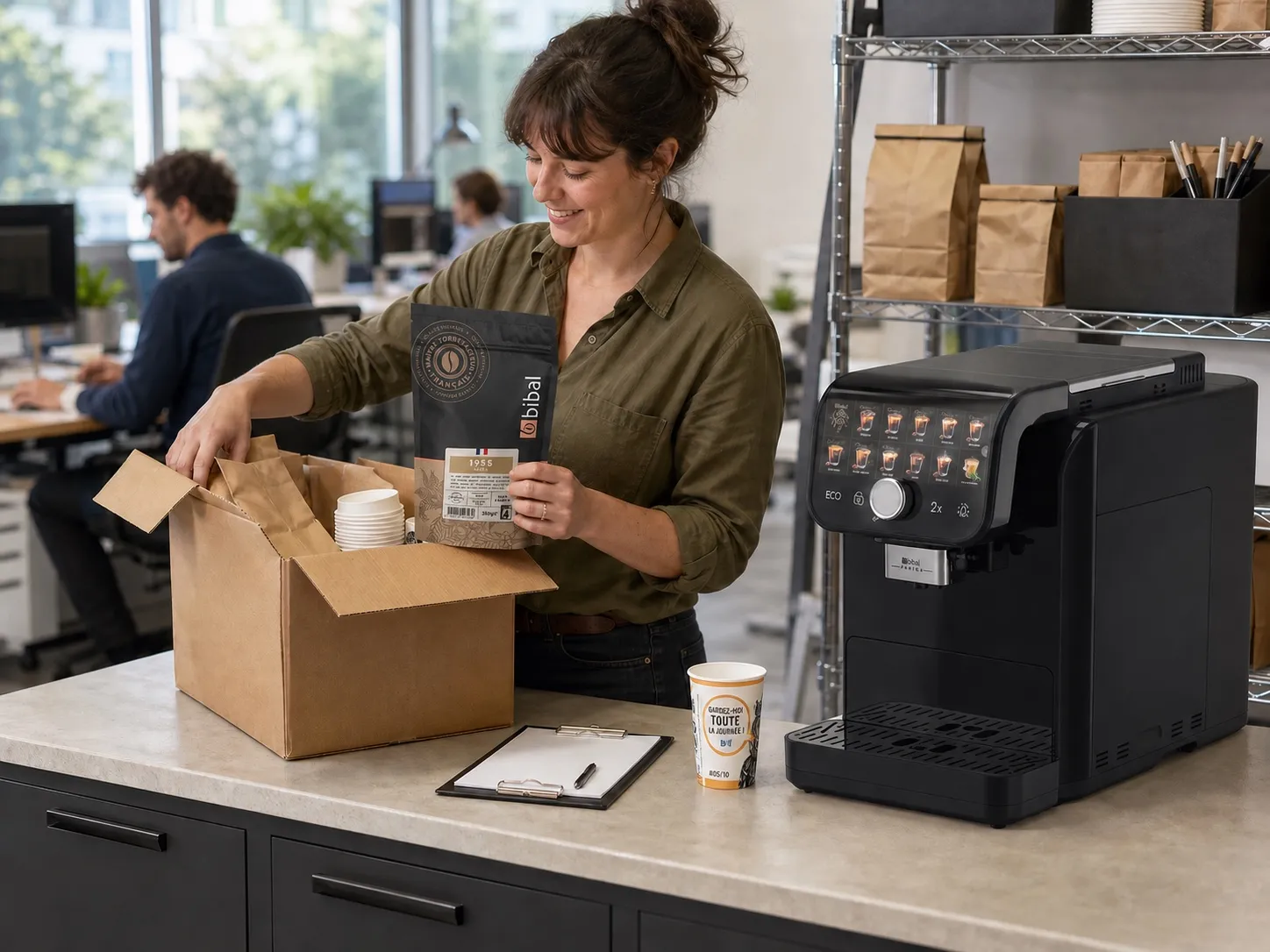 Réception d'un paquet de café Héritage à côté d'une Parvus — Forfait Bibal Pro