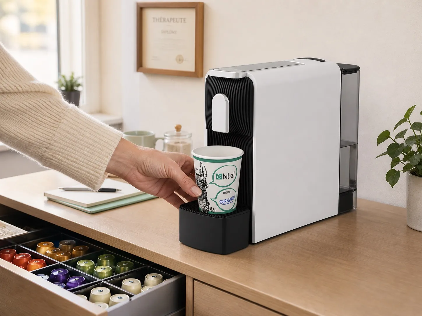 Machine compacte Capsy avec gobelet Bibal Bernard dans un petit cabinet