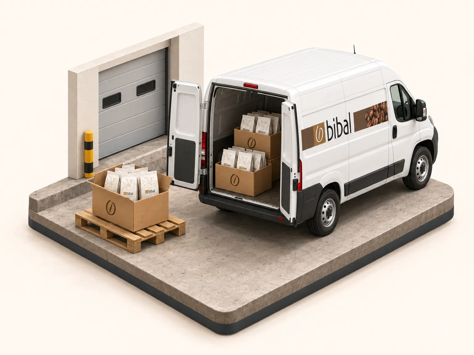 Illustration isométrique : la sortie de l'atelier de torréfaction de Saint-Aunès, un utilitaire Bibal chargé de cartons de café prêt à livrer la région