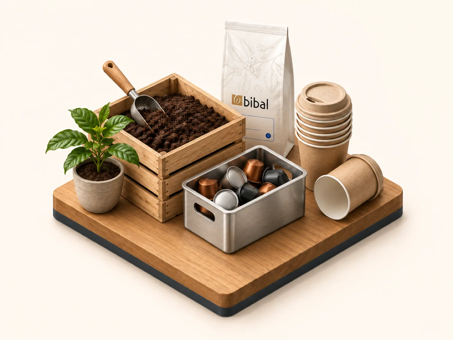 Illustration isométrique : un bac de marc de café en cours de compostage, des capsules aluminium triées et des gobelets compostables empilés
