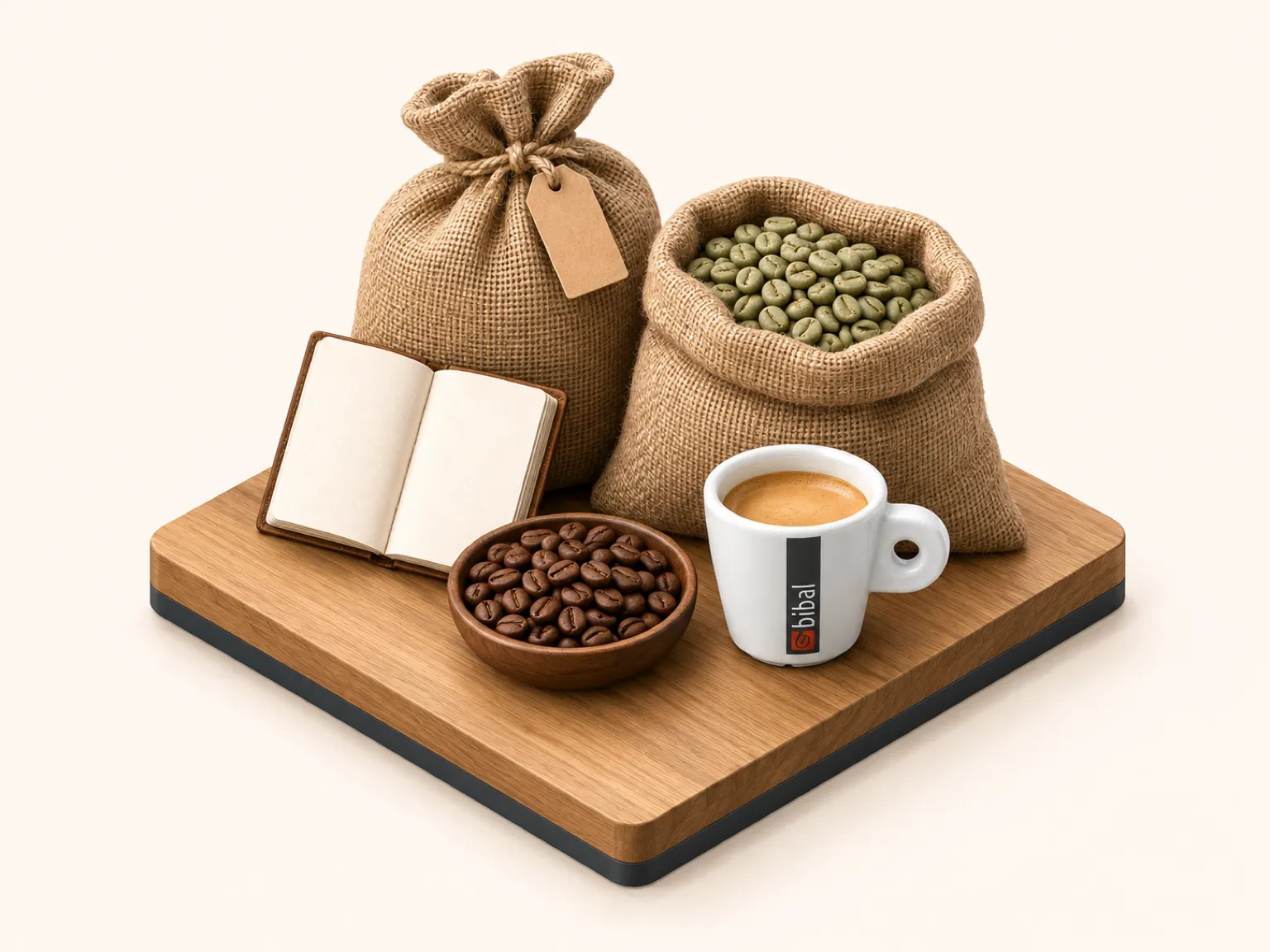Illustration isométrique : des sacs de café vert en toile de jute étiquetés par origine, un carnet de traçabilité ouvert et une tasse d'espresso