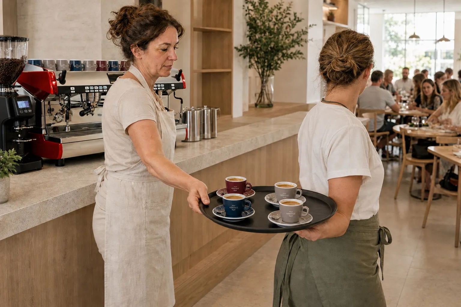 Derrière le comptoir, une barista remet à une serveuse un plateau de quatre expressos destiné au service en salle