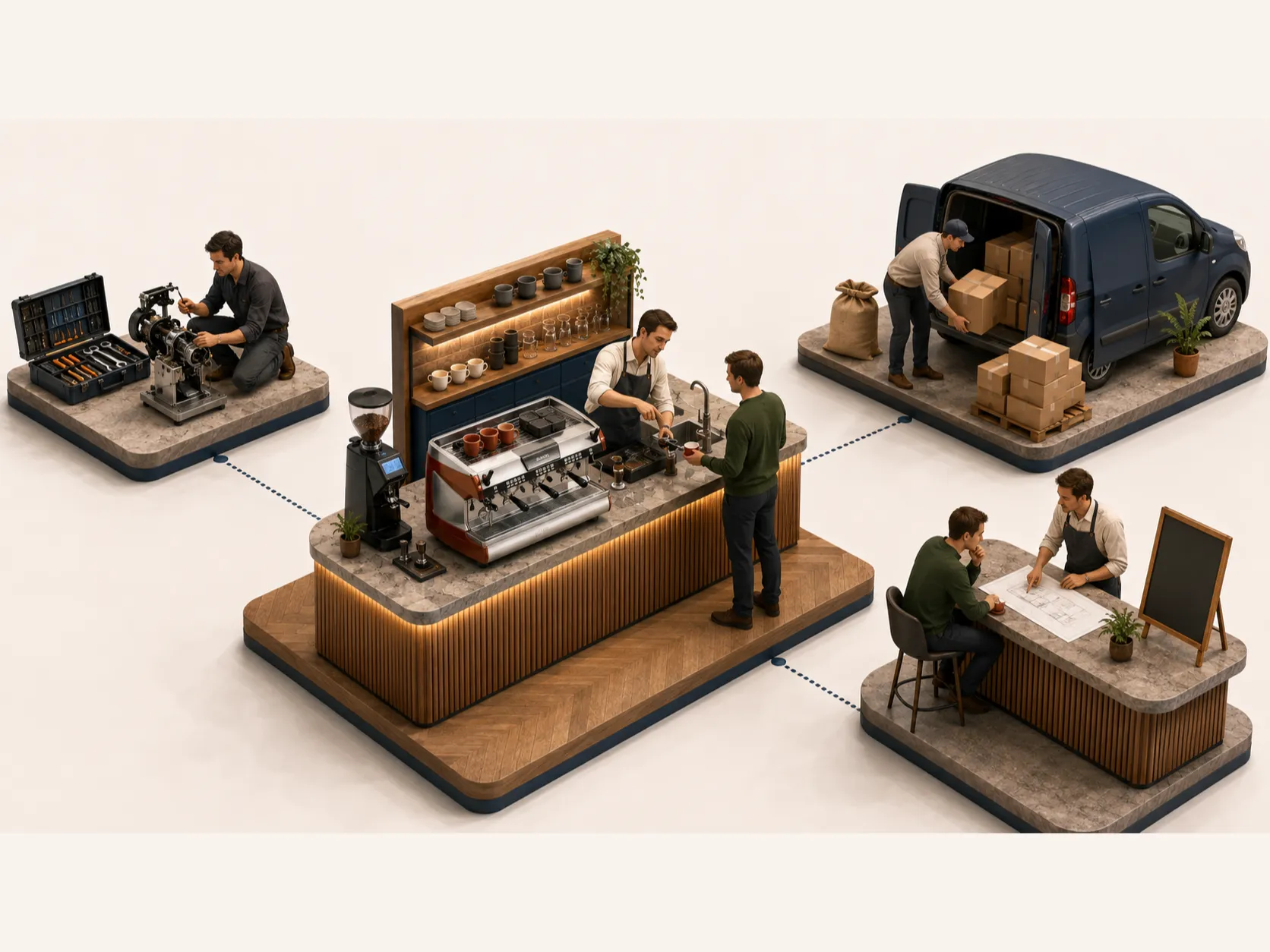 Illustration 3D isométrique du concept Expert Comptoir : le comptoir et sa machine traditionnelle au centre, reliés à la maintenance, à la livraison du café et au conseil de carte