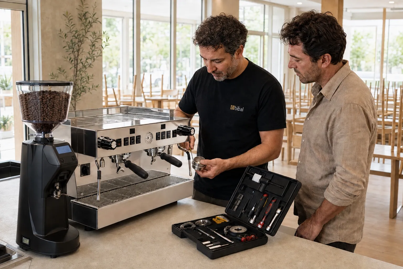 Un technicien Bibal contrôle le groupe d'une machine espresso devant le restaurateur, avant l'ouverture