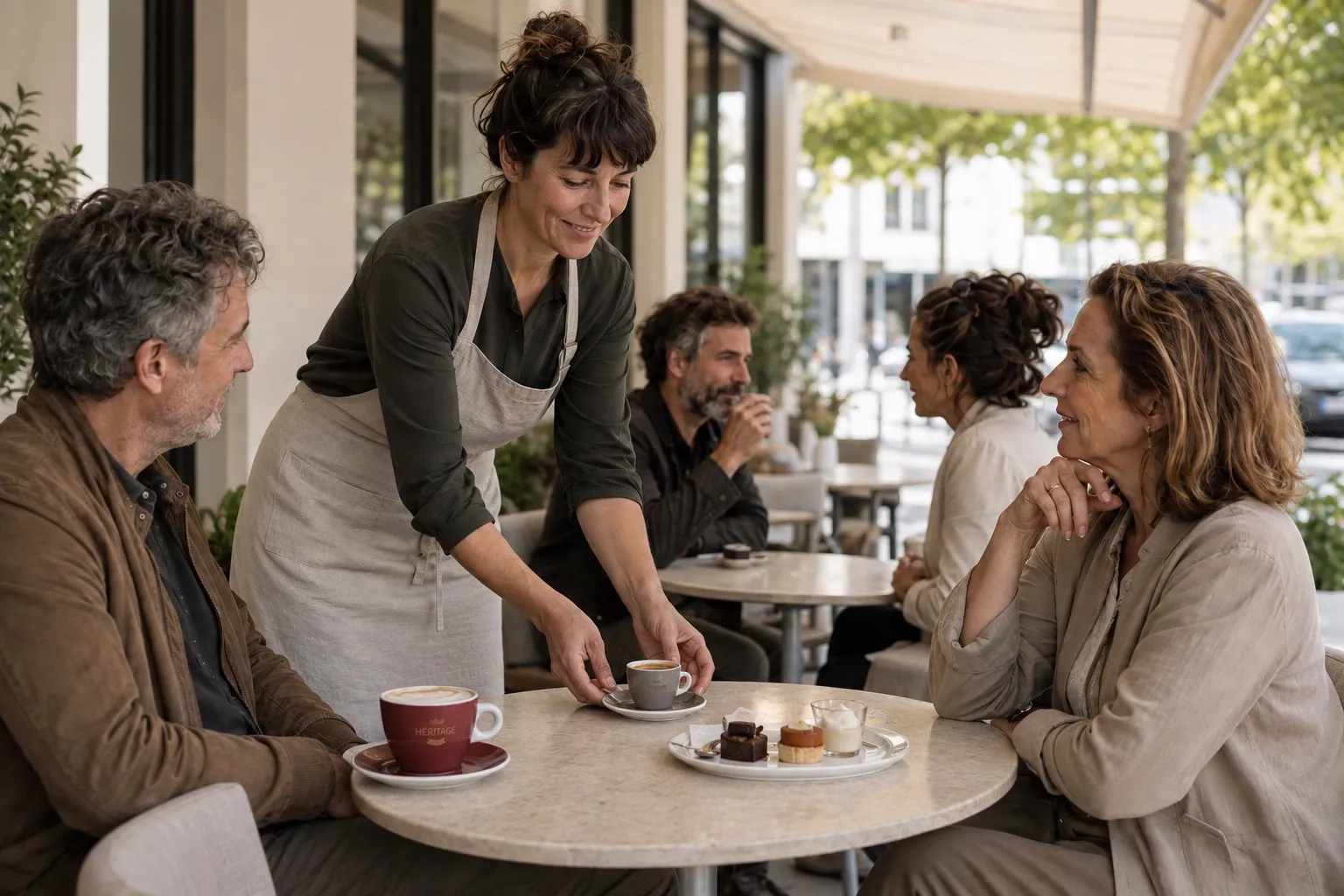 Des clients profitent d'un cappuccino et d'un café gourmand en terrasse en milieu d'après-midi