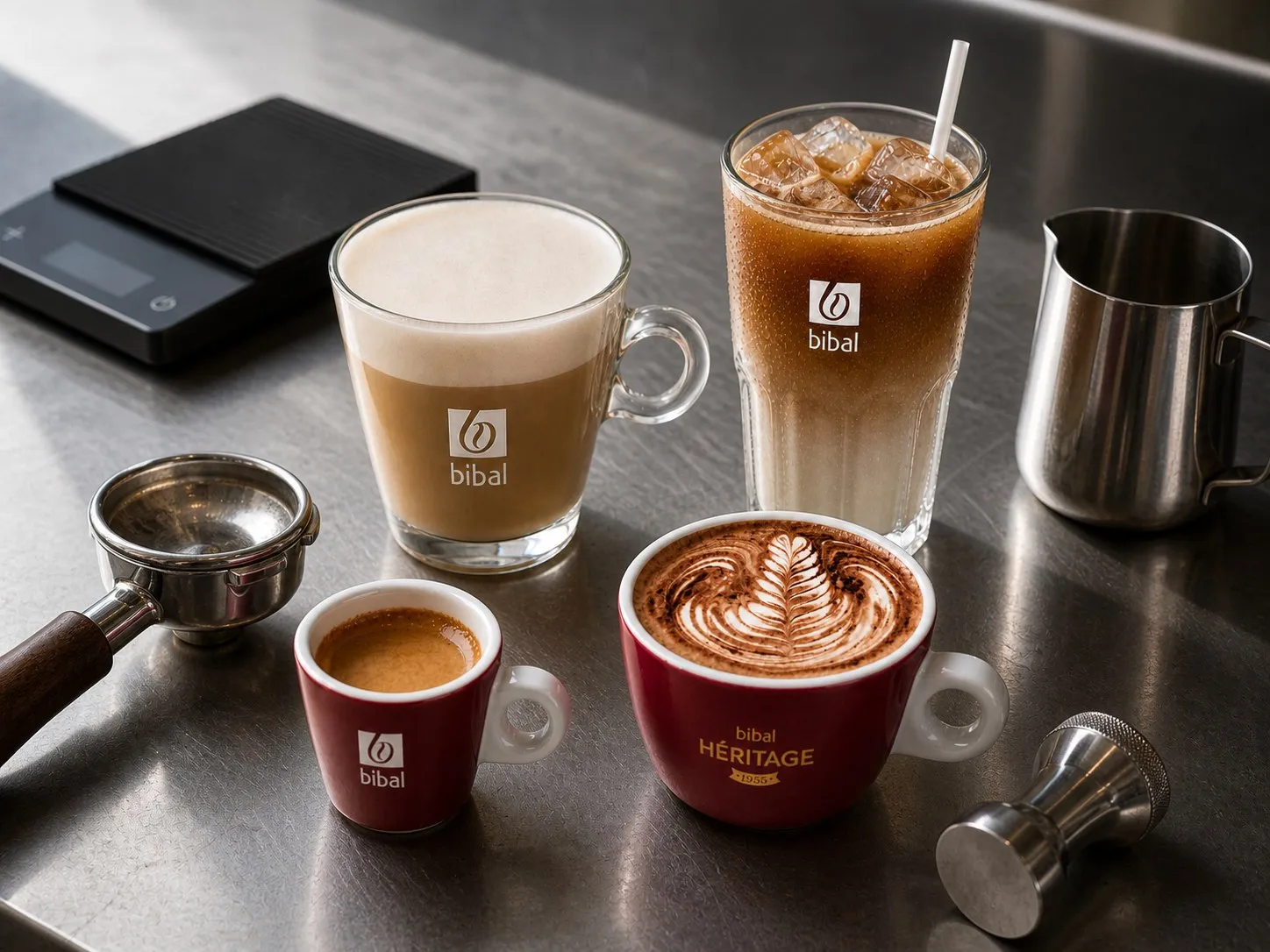 Composition barista Bibal : porte-filtre, tamper, pichet à lait et balance autour des boissons servies en vaisselle Bibal