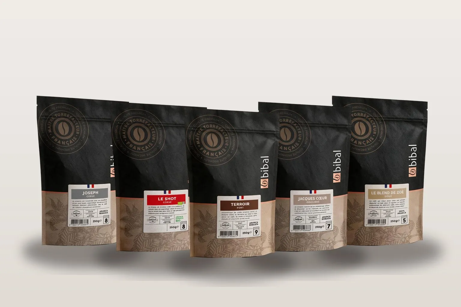 Les paquets de la collection Héritage — Les Blends : Joseph, Le Shot, Terroir, Jacques Cœur et Le Blend de Zoé