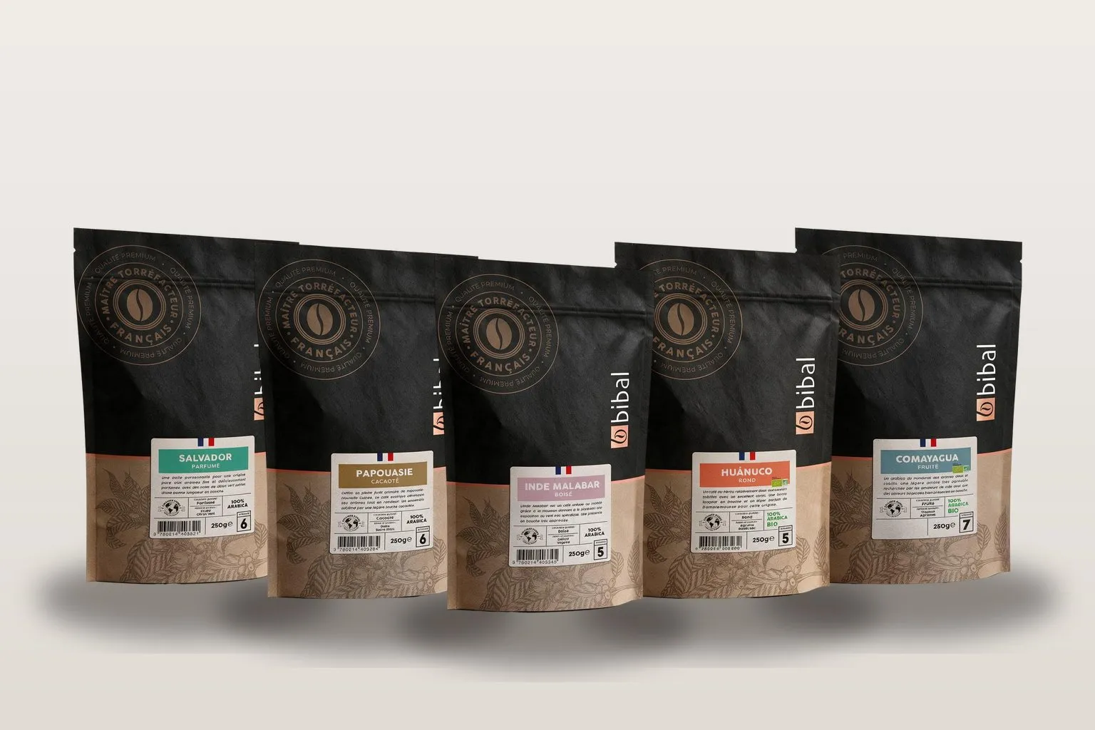 Les paquets de la collection Héritage — Origines Pures d'exception : Salvador, Papouasie, Inde Malabar, Huánuco et Comayagua