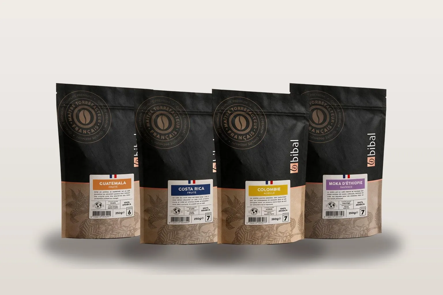 Les paquets de la collection Héritage — Origines Pures : Guatemala, Costa Rica, Colombie et Moka d'Éthiopie