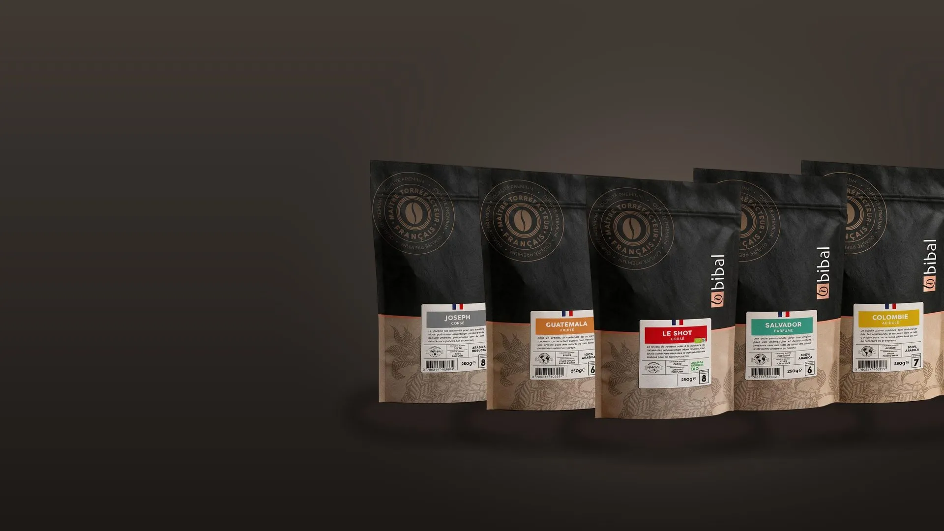 Six paquets de café de la gamme Héritage Bibal réunis : Joseph, Guatemala, Le Shot, Salvador, Colombie et Inde Malabar