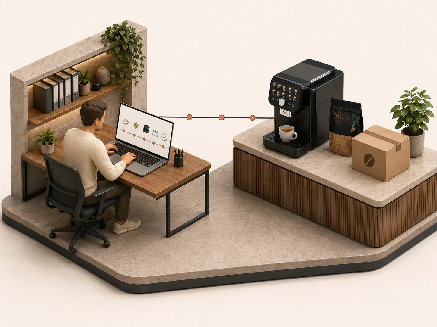 Illustration 3D isométrique du Forfait Bibal Pro : un professionnel configure son offre en ligne, puis reçoit sa machine Parvus et son café prêts à l'emploi