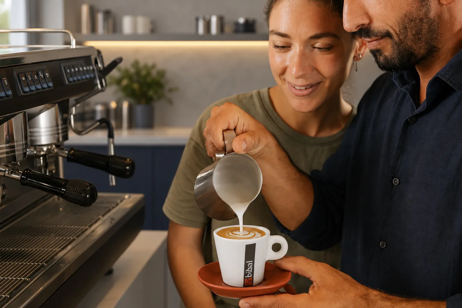Module Latte Art : le lait versé en cœur dans la tasse, gros plan sur le geste