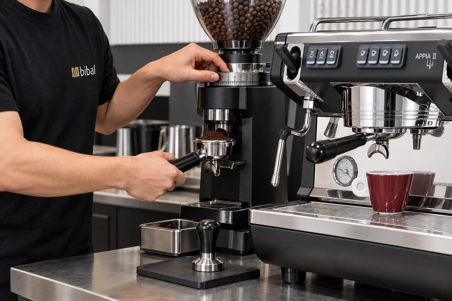 Module Barista : réglage du moulin et extraction espresso, les mains du barista sur le porte-filtre