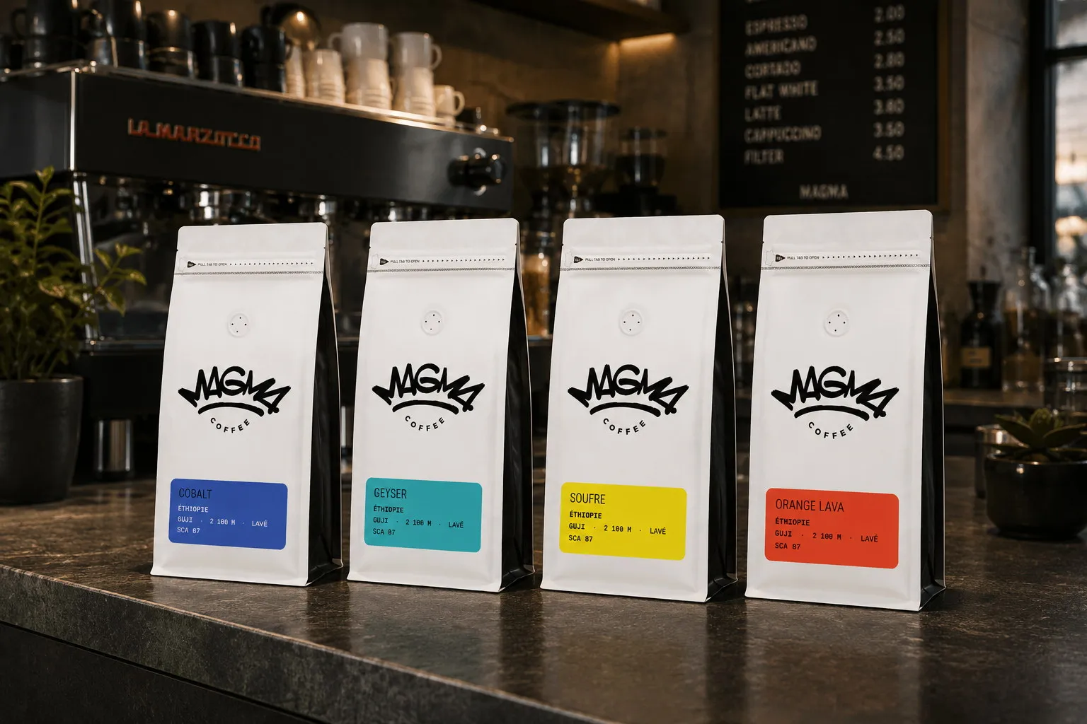 Les quatre sachets Magma Coffee alignés sur le comptoir, devant la machine espresso noire