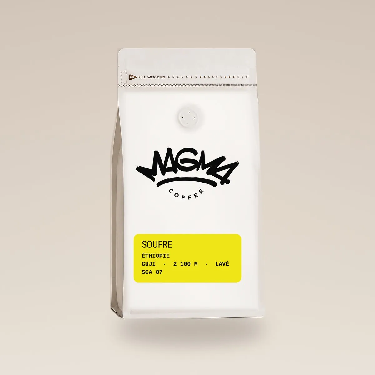 Sachet blanc Magma Coffee 1 kg, cartouche soufre — Panama Luna, café de spécialité en grain