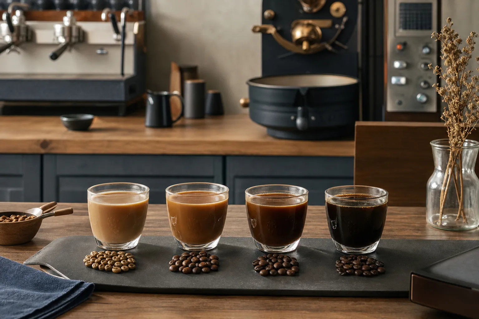 Séance de dégustation : quatre cafés alignés du plus doux au plus corsé