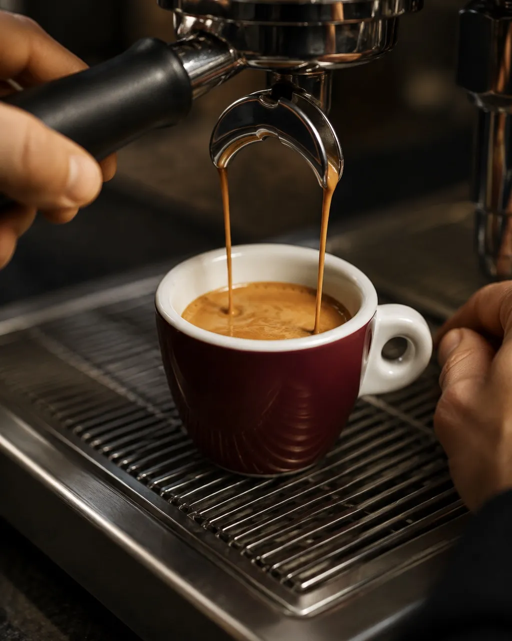 Extraction d'un expresso : le café coule du porte-filtre dans une petite tasse, crema noisette