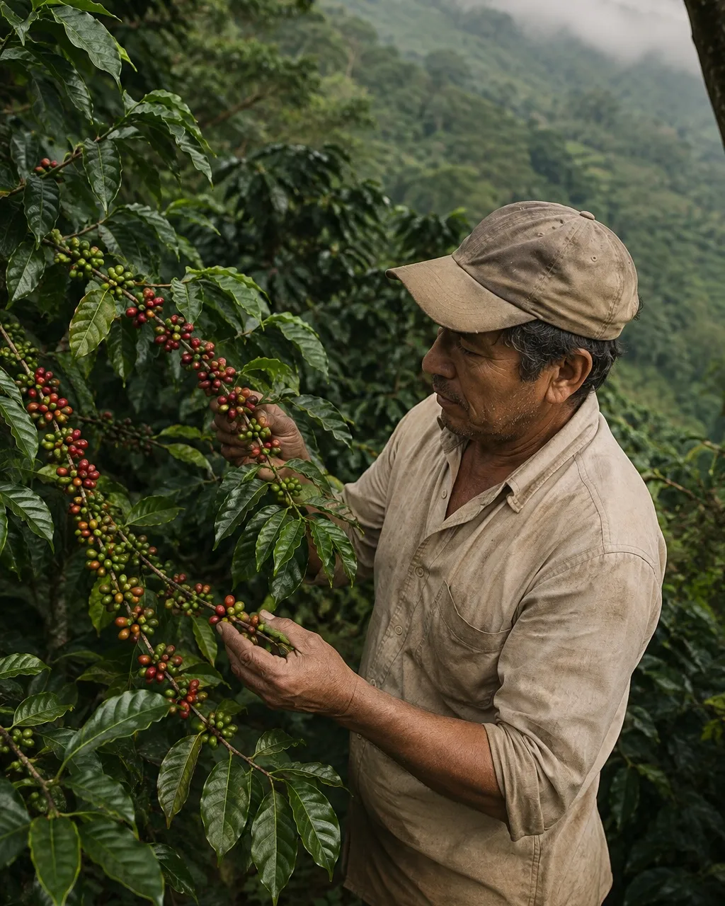 Un producteur de café inspecte les cerises mûres de ses caféiers, dans sa plantation d'altitude