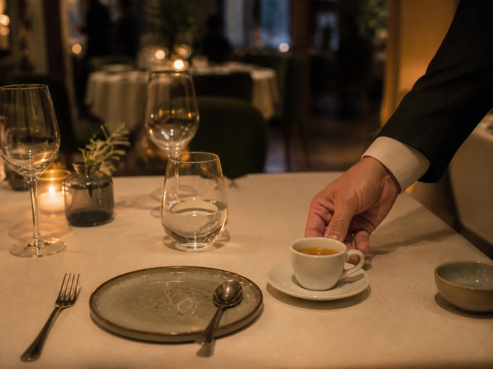 Tasse d'espresso pos&eacute;e &agrave; droite du couvert en fin de repas, nappe blanche