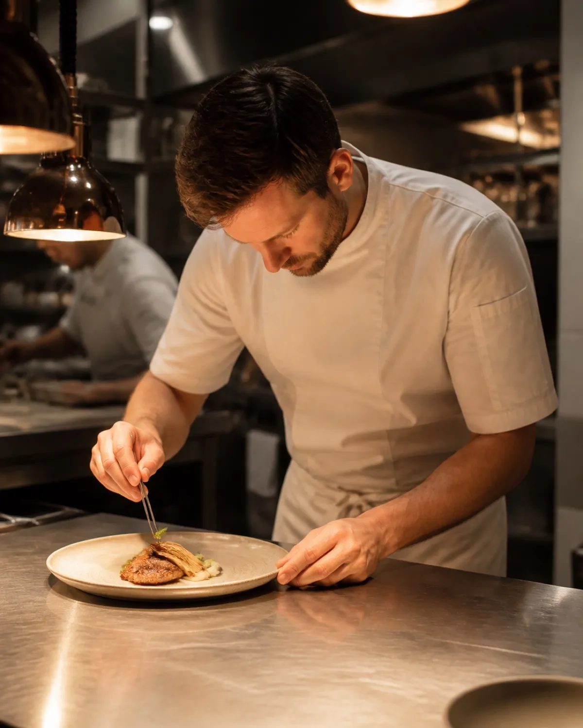 Chef en cuisine, dernier contr&ocirc;le d'une assiette avant l'envoi