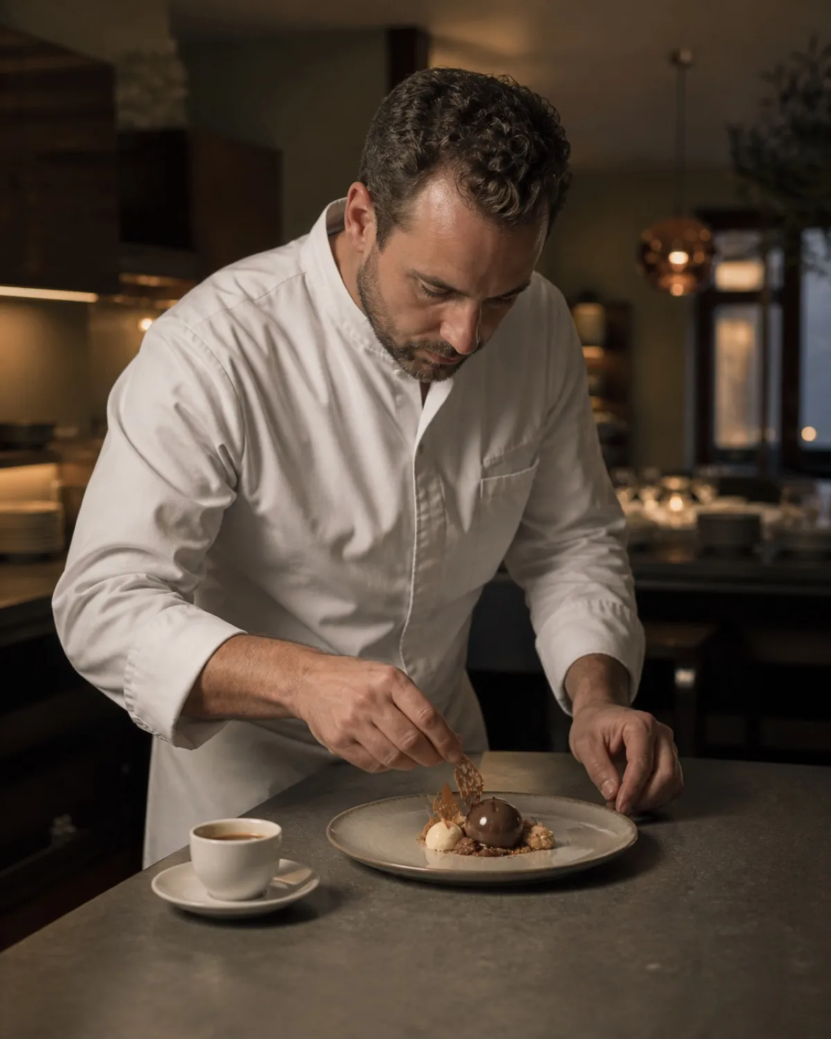 Chef p&acirc;tissier qui dresse un dessert, tasse d'espresso pos&eacute;e &agrave; c&ocirc;t&eacute;