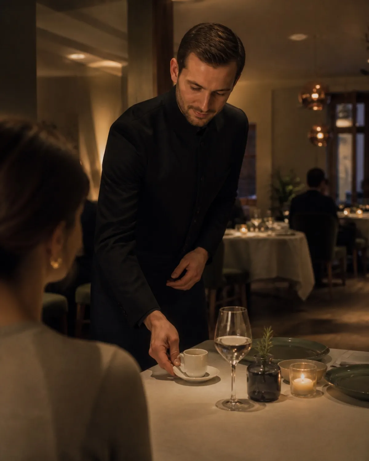 Ma&icirc;tre d'h&ocirc;tel qui pose la tasse &agrave; droite du couvert, salle en service