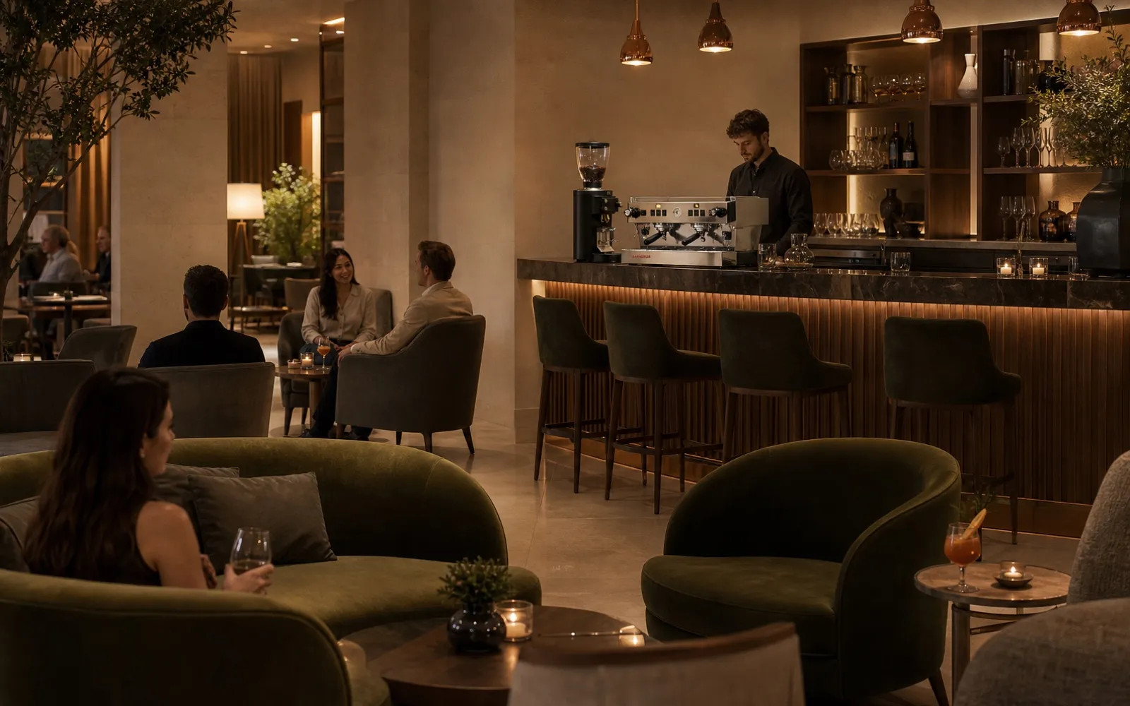 Lobby-bar d'un h&ocirc;tel 5 &eacute;toiles, comptoir caf&eacute; int&eacute;gr&eacute;