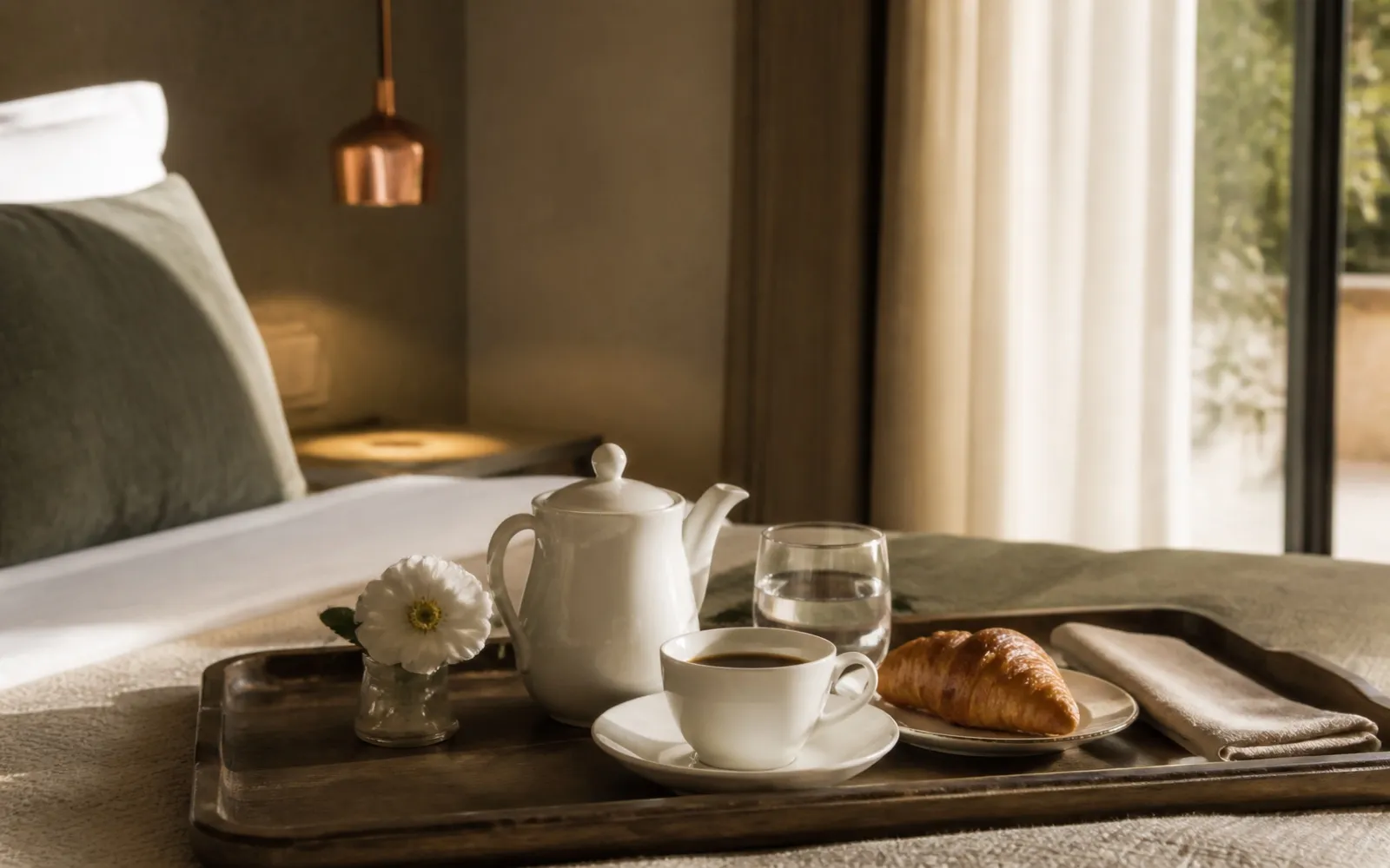 Plateau de room service avec caf&eacute;ti&egrave;re et tasse, chambre d'h&ocirc;tel haut de gamme